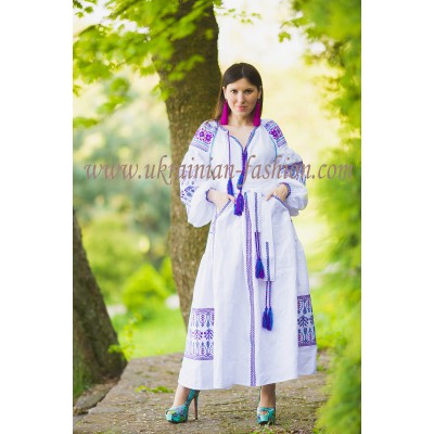 Boho Style Ukrainian Embroidered Maxi Dress White with Purple/Blue Embroidery